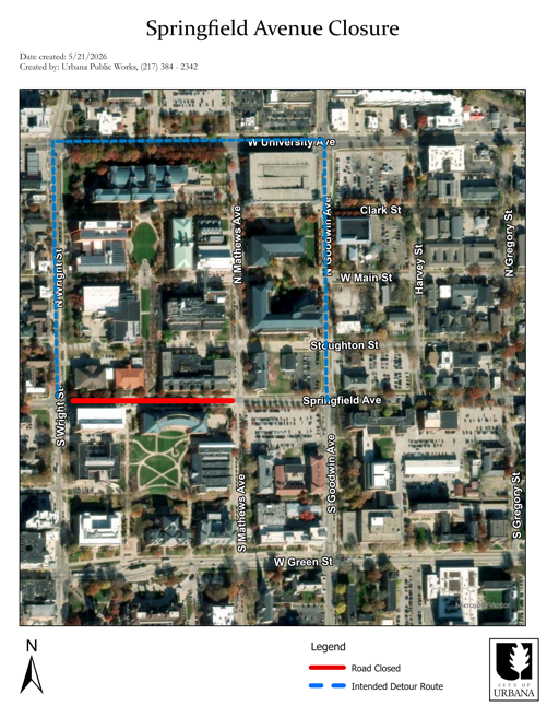 Weather permitting, Springfield Avenue will be closed between South Wright Street and North Mathews Avenue from 7 a.m. on Tuesday, May 26, to 5 p.m. on Tuesday, August 11, for pavement improvements. Please follow marked detours. Access to all properties along Springfield Avenue will be maintained during the project, though no through traffic will be allowed.

Motorists are encouraged to drive carefully through this and all construction areas.  Thank you in advance for your patience and cooperation during this project. Please direct questions or concerns to Mr. Chase Hinton at 217-384-2342 or Chase.Hinton@urbanail.gov.