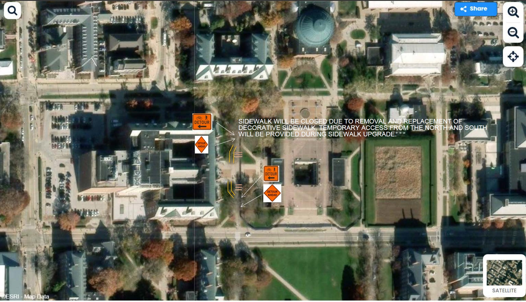 Aerial diagram showing the area which will be closed for construction. It also shows the minor detour to navigate around this area.