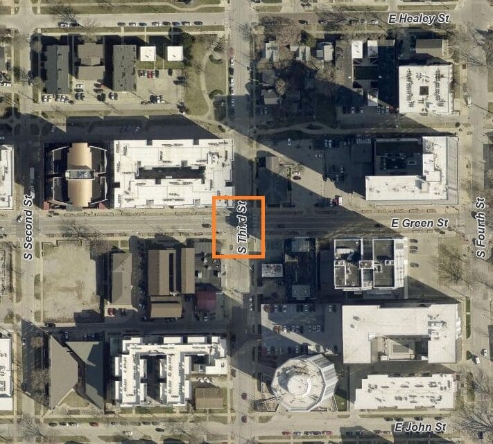 Aerial view of the closure of the intersection of Green and Third Streets.