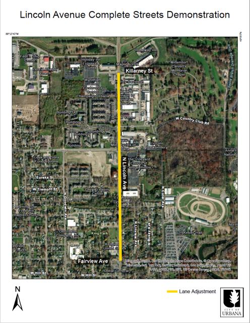 Weather permitting, crews will begin work on the City of Urbana’s Lincoln Avenue Complete Streets Demonstration project on Monday, June 15, at 7:00 a.m. This project will include the removal and replacement of painted pavement markings on North Lincoln Avenue between Killarney Street and Fairview Avenue.