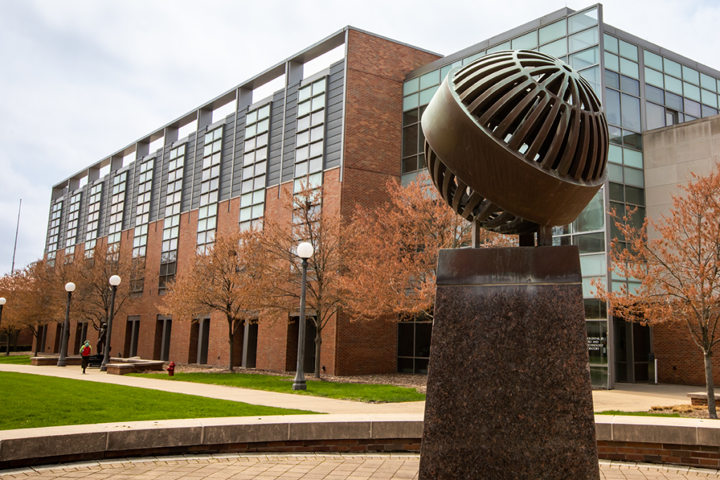 The Upwells fountain shown in front of the Nick Holonyak, Jr. Micro and Nanotechnology Laboratory.