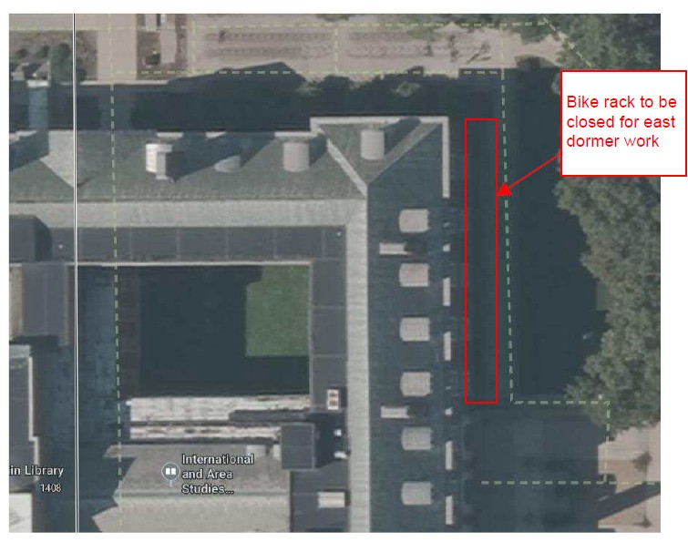 Aerial Image showing the bike parking will be closed on the East side of Main Library