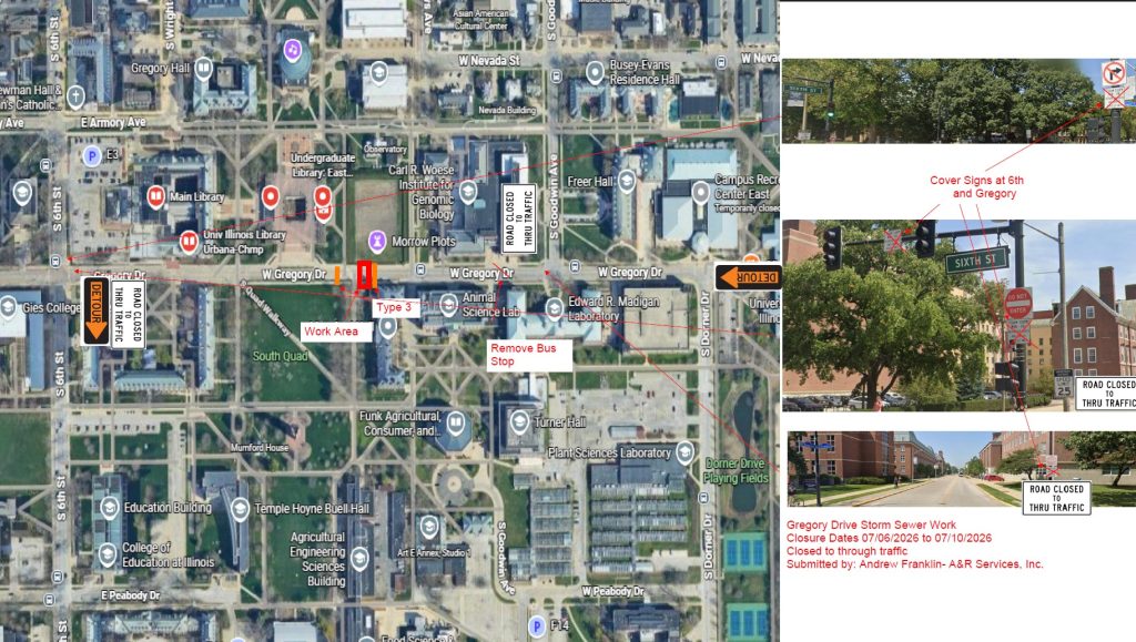 Diagrams showing the closure along Gregory Drive. This diagram also shows where the detours will occur.