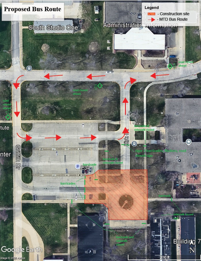 An aerial diagram showing the impacted area of circle drive on Kirk Drive. The diagram also shows the reroute for MTD bus and the access to the parking lot on the north side.