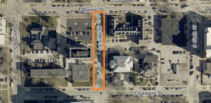 Aerial view of the Fifth Steet closure between Daniel Street and Chalmers Street