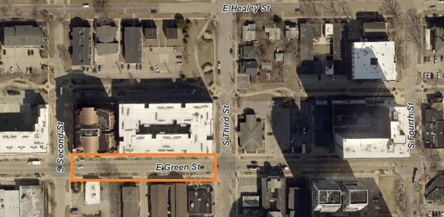 Aerial view of the one day Green Steet closure area from Second Street to Third Street.