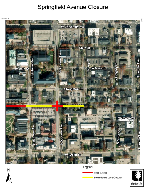 Aerial map shows that the intersection of Springfield Avenue and Goodwin Avenue will be closed to through traffic from 7 a.m. on Tuesday, July 21, 2026, to 5 p.m. on Tuesday, July 28, 2026. Additionally, there will be intermittent lane closures on Springfield Avenue from Mathews Avenue to North Harvey Street from 7 a.m. on Monday, July 20, 2026, to 5 p.m. on Tuesday, August 11, 2026. Cross Construction Inc. will make pavement repairs and resurface the road. 