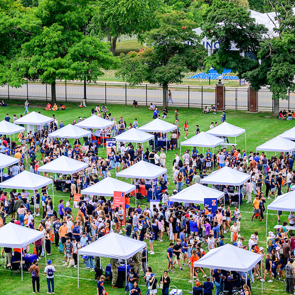 An aerial view of multiple tents in Grange Grove during New Student Convocation.