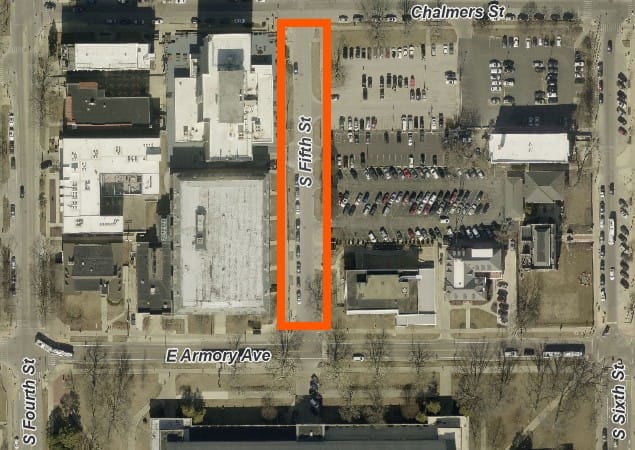 The map shows an aerial view of Fifth Street where the south section between Armory Avenue and Chalmers Street will be closed from August 24 to October 30 to support a roofing project at the School of Labor and Employment Relations