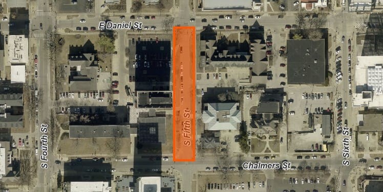 Aerial view of the closure section on Fifth Street, between Daniel Street and Chalmers Street