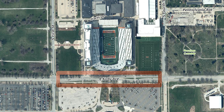 An aerial view of the closure area from First Street to Fourth Street on Kirby Avenue between Gies Memorial Stadium and the State Farm Center