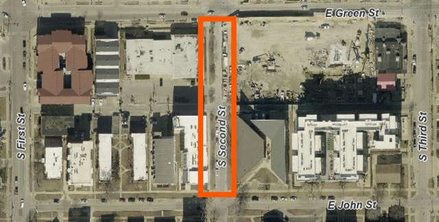 Aerial view of where crews will close Second Street between Green Street and John Street. The closure will begin on Wednesday, August 26, and will reopen on Monday, September 14, 2026, weather permitting. 
