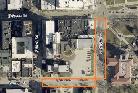 Aerial view of the following construction zone: To facilitate construction activities for the new facility at the site of the former Illini Hall (725 S. Wright Street), the following road closures will be implemented through next fall :
John Street is closed between Wright Street and Sixth Street
Wright Street is closed between Green Street and John Street except for:
Local traffic
MTD bus traffic
The closures began on Monday, August 24, and will extend until Friday, September 3, 2027. Access will be maintained to all local properties.