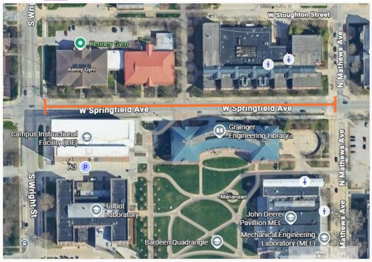Aerial image of Springfield Ave that is going to be closed for the Grainger College of Engineering eNight
