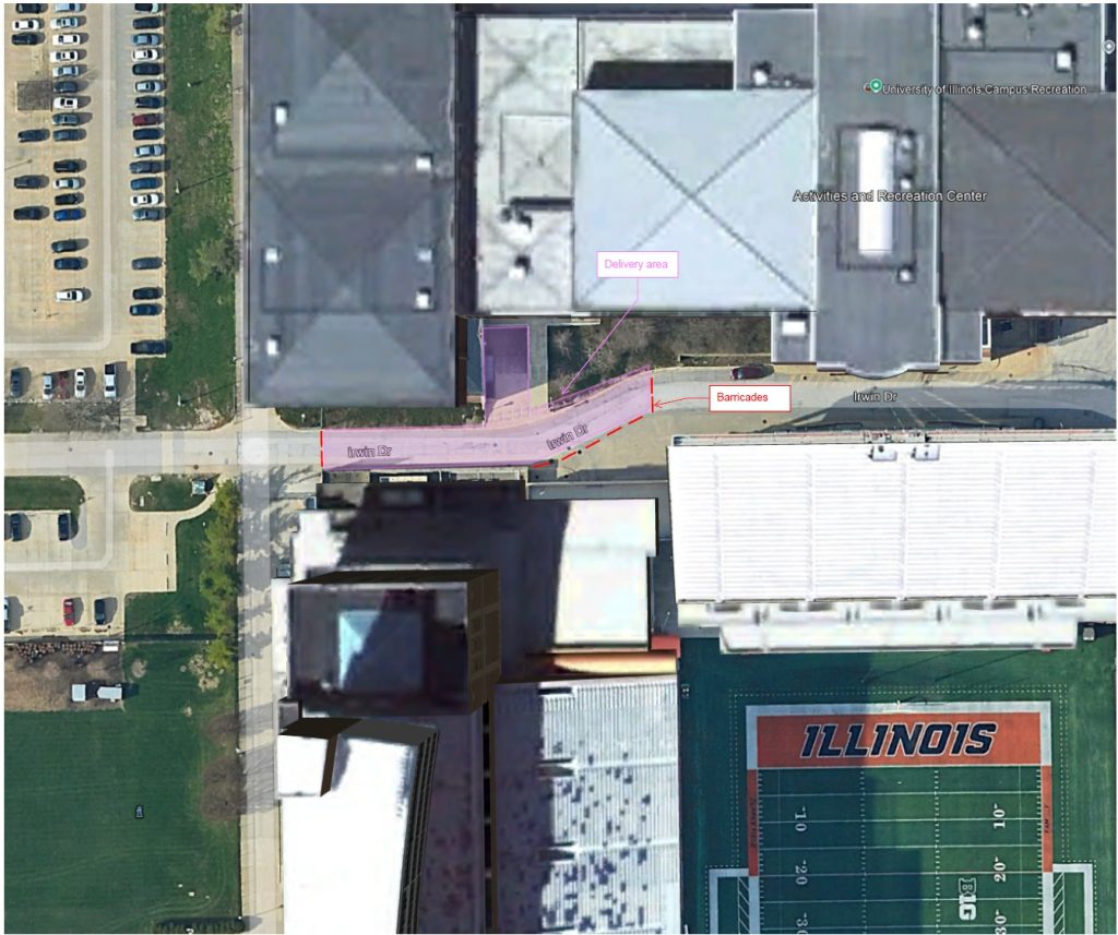Aerial diagram showing the closure area on Irwin Drive. It also shows where the barricades will be and where the deliveries will be made.