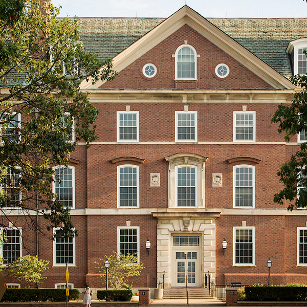 A far away view of the Main Library's north entrance from Wright Street.