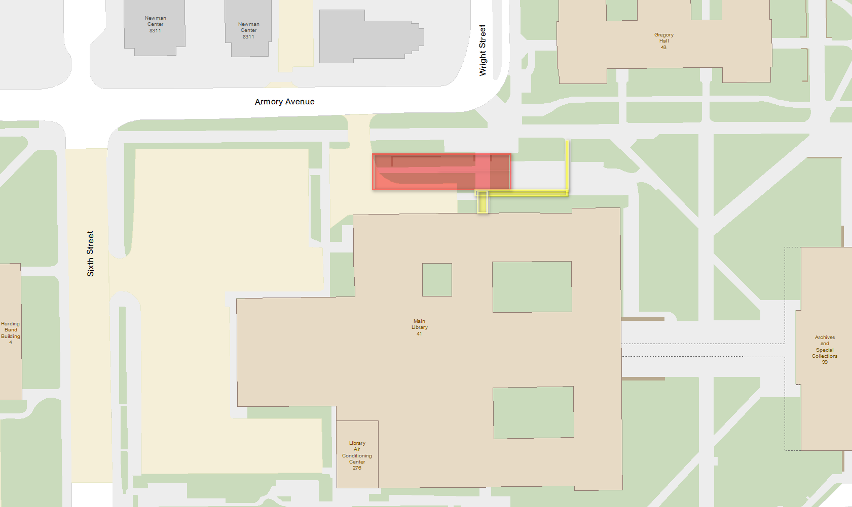 Color map of the pedestrian reroute for the Main Library's north entrance with pedestrians being asked to use an alternate path to the east to get to the building entrance/exit.